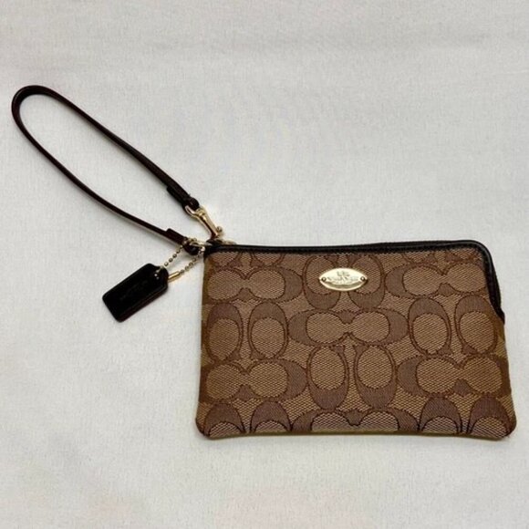 Coach Wristlet Brown Khaki Signature Canvas F53536 Gold Trim Corner Zip EUC - Picture 12 of 12